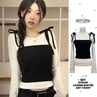Rosabell Ribbon Color Block Sleeveless Bustier Dot Long Sleeve T-shirt Set