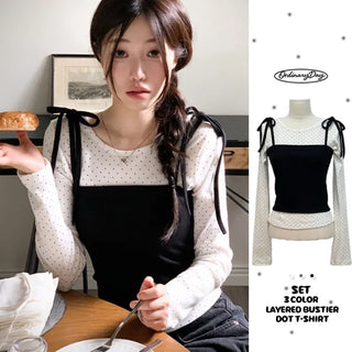 Rosabell Ribbon Color Block Sleeveless Bustier Dot Long Sleeve T-shirt Set