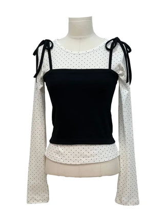 Rosabell Ribbon Color Block Sleeveless Bustier Dot Long Sleeve T-shirt Set