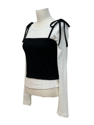 Rosabell Ribbon Color Block Sleeveless Bustier Dot Long Sleeve T-shirt Set