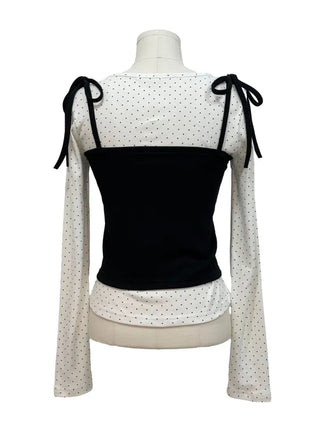 Rosabell Ribbon Color Block Sleeveless Bustier Dot Long Sleeve T-shirt Set