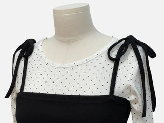 Rosabell Ribbon Color Block Sleeveless Bustier Dot Long Sleeve T-shirt Set