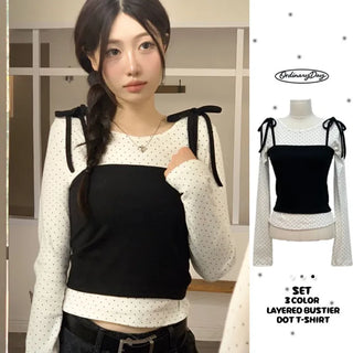 Rosabell Ribbon Color Block Sleeveless Bustier Dot Long Sleeve T-shirt Set