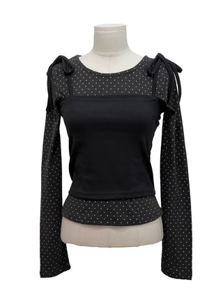 Rosabell Ribbon Color Block Sleeveless Bustier Dot Long Sleeve T-shirt Set