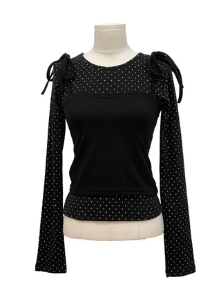 Rosabell Ribbon Color Block Sleeveless Bustier Dot Long Sleeve T-shirt Set