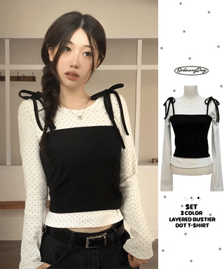 Rosabell Ribbon Color Block Sleeveless Bustier Dot Long Sleeve T-shirt Set
