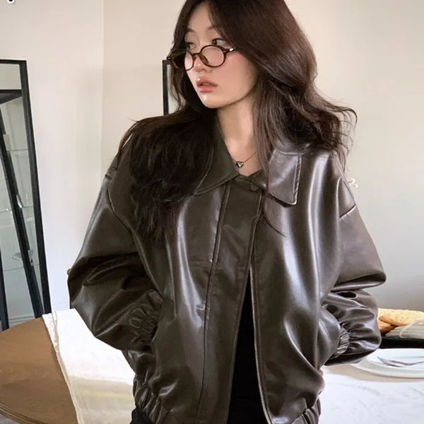 Loopta Leather Collar Loose Fit Jacket JK