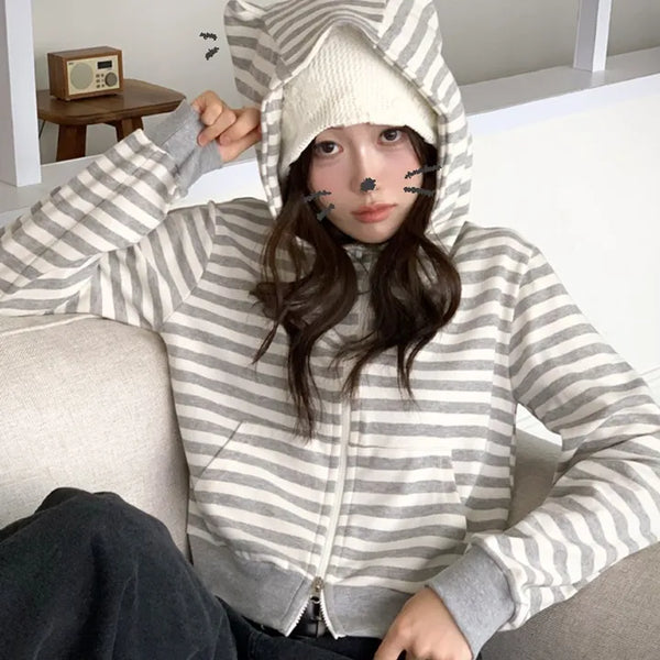 Shironeko Color Block Stripe Two-Zip Shibori Loose High-Neck Hoodie Zip-Up