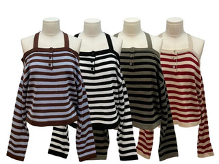 Mumu Stripe Off-Shoulder Strap Button Knit