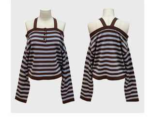 Mumu Stripe Off-Shoulder Strap Button Knit