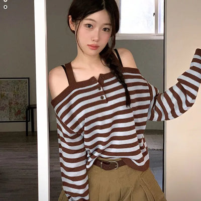 Mumu Stripe Off-Shoulder Strap Button Knit