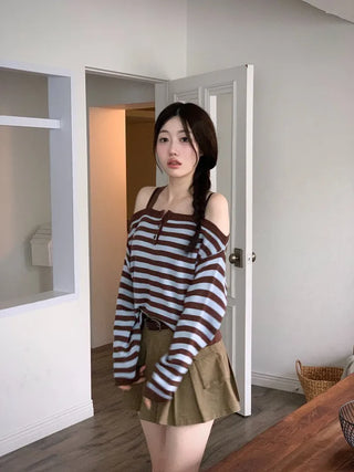 Mumu Stripe Off-Shoulder Strap Button Knit