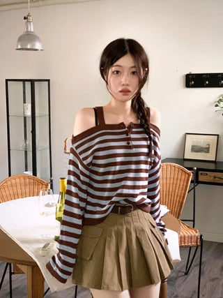 Mumu Stripe Off-Shoulder Strap Button Knit