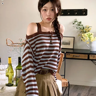 Mumu Stripe Off-Shoulder Strap Button Knit