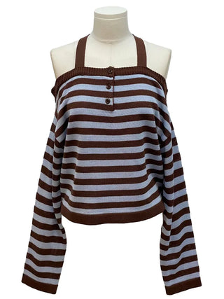 Mumu Stripe Off-Shoulder Strap Button Knit