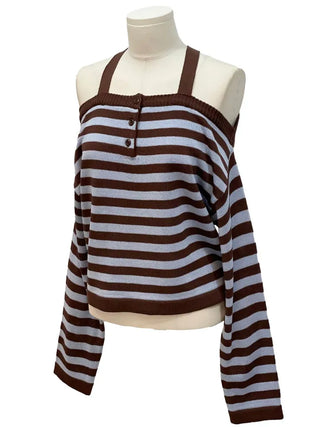 Mumu Stripe Off-Shoulder Strap Button Knit