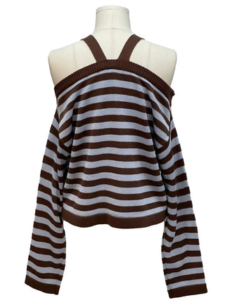 Mumu Stripe Off-Shoulder Strap Button Knit