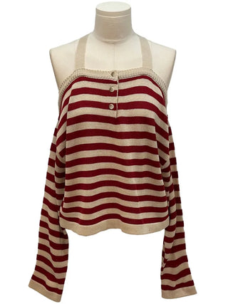 Mumu Stripe Off-Shoulder Strap Button Knit