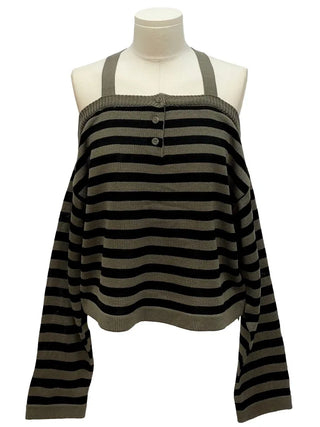 Mumu Stripe Off-Shoulder Strap Button Knit