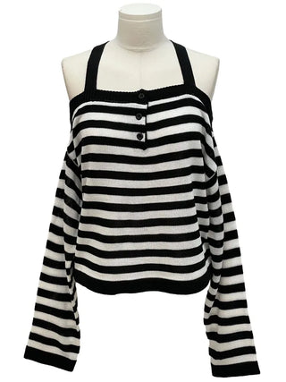 Mumu Stripe Off-Shoulder Strap Button Knit