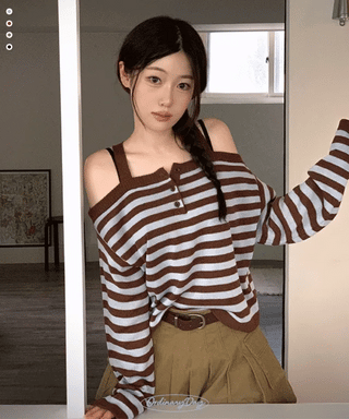 Mumu Stripe Off-Shoulder Strap Button Knit