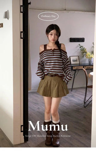 Mumu Stripe Off-Shoulder Strap Button Knit