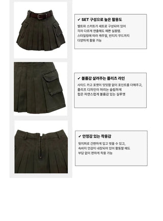 Reverie Pleated Cargo Belt Mini Skirt Skirt Pants Set