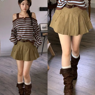 Reverie Pleated Cargo Belt Mini Skirt Skirt Pants Set