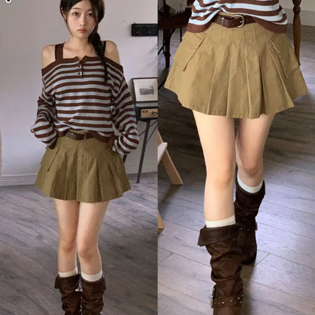 Reverie Pleated Cargo Belt Mini Skirt Skirt Pants Set