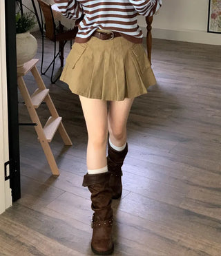 Reverie Pleated Cargo Belt Mini Skirt Skirt Pants Set