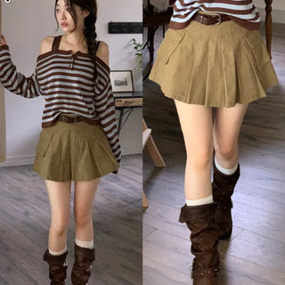 Reverie Pleated Cargo Belt Mini Skirt Skirt Pants Set