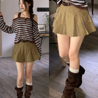 Reverie Pleated Cargo Belt Mini Skirt Skirt Pants Set