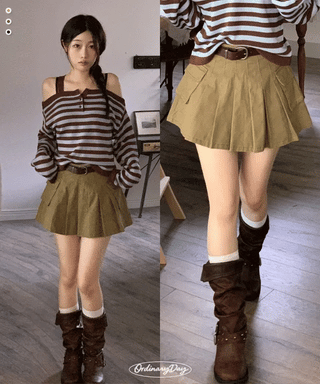 Reverie Pleated Cargo Belt Mini Skirt Skirt Pants Set