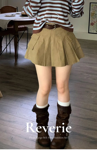 Reverie Pleated Cargo Belt Mini Skirt Skirt Pants Set