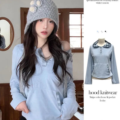 Judy color block stripe loose fit hooded button knit t-shirt