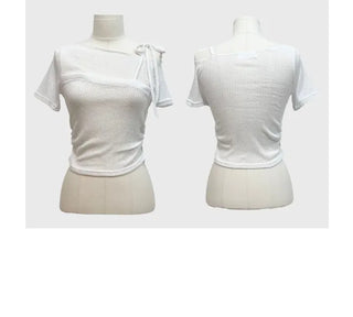 Pins One-Shoulder Ribbon Strap Layered Sheer Summer Short Sleeve Knit