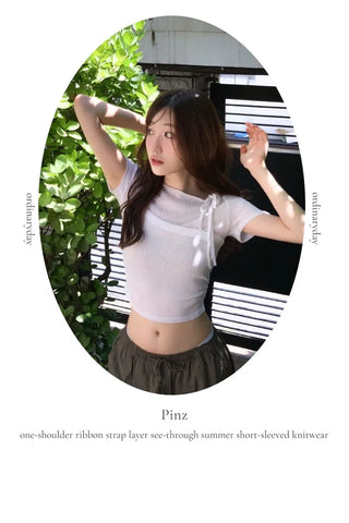 Pins One-Shoulder Ribbon Strap Layered Sheer Summer Short Sleeve Knit