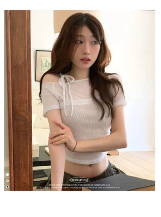 Pins One-Shoulder Ribbon Strap Layered Sheer Summer Short Sleeve Knit
