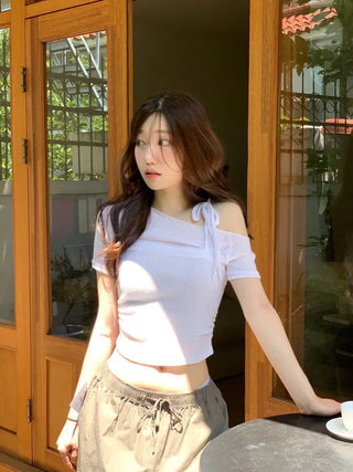 Pins One-Shoulder Ribbon Strap Layered Sheer Summer Short Sleeve Knit