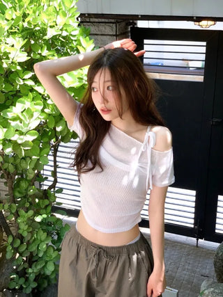 Pins One-Shoulder Ribbon Strap Layered Sheer Summer Short Sleeve Knit