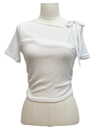 Pins One-Shoulder Ribbon Strap Layered Sheer Summer Short Sleeve Knit