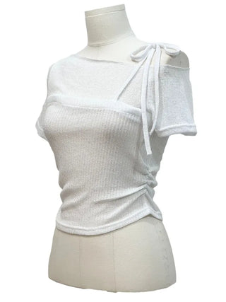 Pins One-Shoulder Ribbon Strap Layered Sheer Summer Short Sleeve Knit