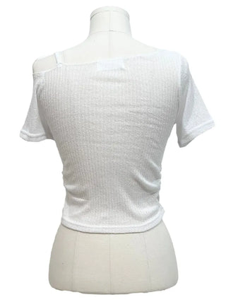 Pins One-Shoulder Ribbon Strap Layered Sheer Summer Short Sleeve Knit