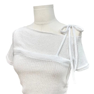 Pins One-Shoulder Ribbon Strap Layered Sheer Summer Short Sleeve Knit