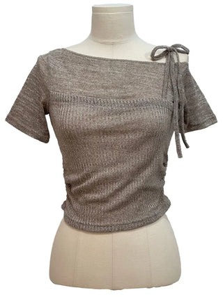 Pins One-Shoulder Ribbon Strap Layered Sheer Summer Short Sleeve Knit