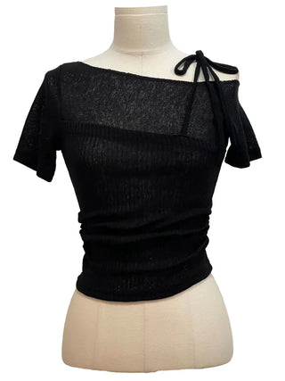 Pins One-Shoulder Ribbon Strap Layered Sheer Summer Short Sleeve Knit