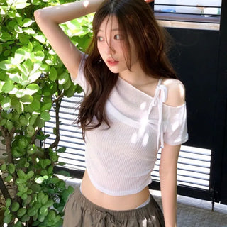 Pins One-Shoulder Ribbon Strap Layered Sheer Summer Short Sleeve Knit