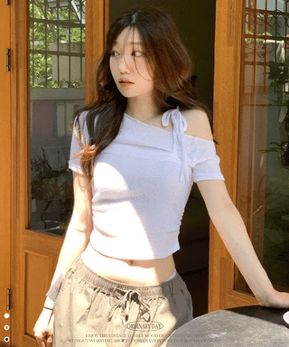 Pins One-Shoulder Ribbon Strap Layered Sheer Summer Short Sleeve Knit