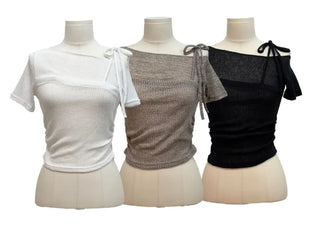 Pins One-Shoulder Ribbon Strap Layered Sheer Summer Short Sleeve Knit