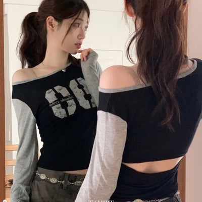 Dear Moon Vintage color block lettering printing back team boat neck slim fit summer long sleeve t-shirt